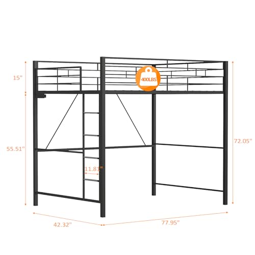 Image of VINGLI Loft Bed Twin Size with 15 Inches Safety Guardrail, Flat Rungs, LED Lights and Charging Station, Heavy Duty Metal Single High Sleeper for Small Space Saving, Kids room and Dorm Apartment, Black
