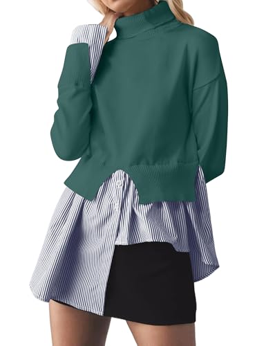 MISSACTIVER Women Slit Turtleneck Patchwork Sweater 2 in 1 Buttons Down Pullover Knit Sweater Asymmetrical Hem Shirt Top