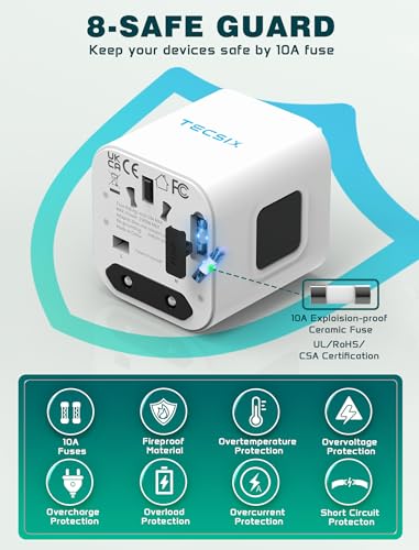Image of Universal Travel Adapter Worldwide, TECSIX Compact Travel Power Plug Adapter (Type A C G I), 2500W Internetional Wall Charger Outlet Adaptor to Europe, India, UK, US, AUS, Asia 200+ Countries