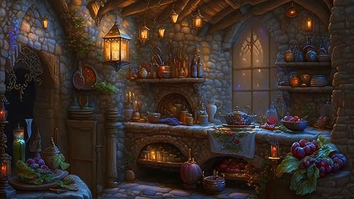 Peinture cuisine médiévale la nuit affiche sur toile sans cadre 58x90