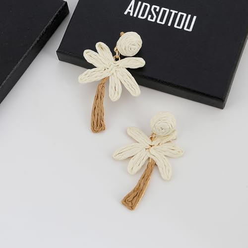 Image of Handmade Raffia Hoop Earrings Statement Tropical Bohemian Straw Dangle Earrings Natural Rattan Vacation Style Round Earrings for Women Summer Beach Party Essential Jewelry