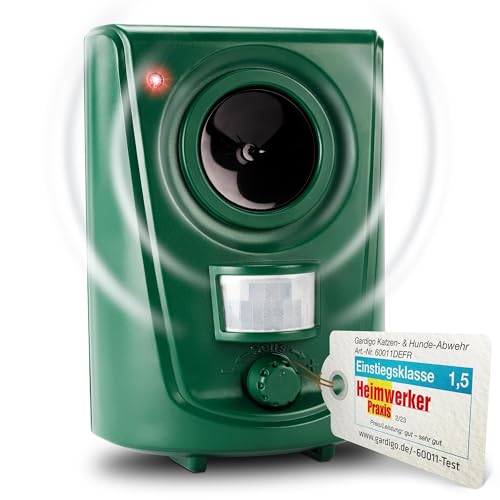 GARDIGO® Hunde- und Katzenabwehr | Hundeschreck und Katzenschreck für den Garten I Ultraschall Tiervertreiber 20-60 kHz I 120° Erfassungswinkel, 12m Reichweite | Gegen Hunde und gegen Katzen