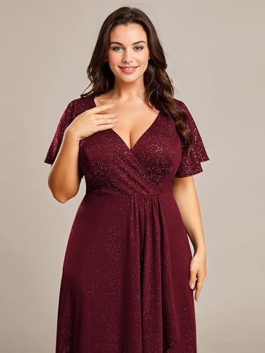 Image of Ever-Pretty Womens Glitter High Low Plus Size Cocktail Wedding Guest Dress | V-Neck, Ruffle Sleeve, High Stretch, A-Line, Front Slit, Plus Size Formal Dresses Evening Gowns