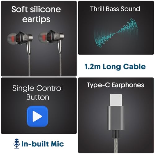 Image of Audify Type-C Wired Earphones Silicone Earmuff, Rich Bass, Clear Sound, Magnetic Buds, Inbuilt Mic, One-Button Control, Wire, Tangle Free, Compatible with iPhone 17 /16 /15 Series (Metallic Black)