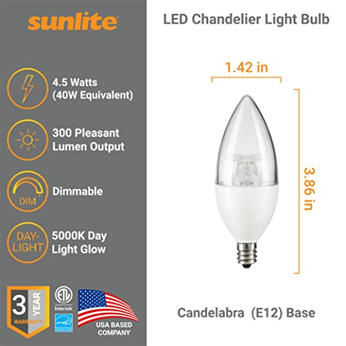 Sunlite 41639 Led B11 Clear Torpedo Tip Chandelier Light Bulb, 4.5 Watts (40W Equivalent) 300 Lumens, Candelabra E12 Base, Dimmable Energy Star And Etl Certified, 5000K Daylight, 6 Count #TOP1