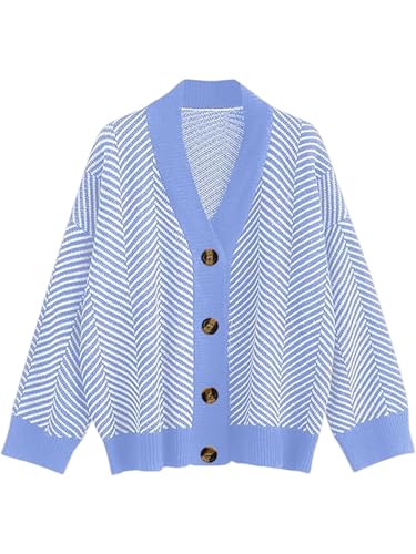 Image of ZAFUL Women's Striped Cardigan Button Up Open Front Knit Oversized Sweater | Button down, Soft chunky knit, Lightweight, Loose fit, Long lantern sleeve, Casual Daily Going Out, Fall Winter Outfits