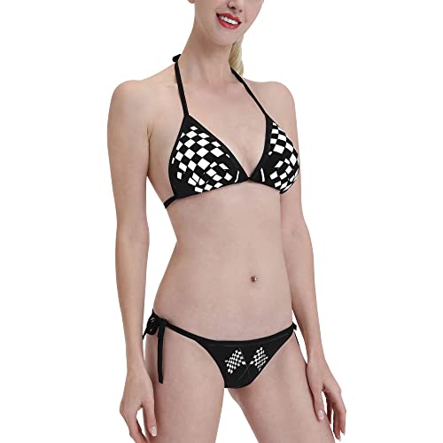 Checkered Flags Race Car Flag Women's Sexy Triangle Mesh Bikini Set Bathing Suit Beach Swimsuits Custom Pad Bra Swimwear Black3