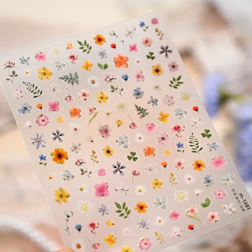 Image of Flower Nail Stickers Colorful Floral Nail Art Stickers Summer Wildflower Leaf Plant 5D Embossed Self-Adhesive Nails Decals Supply Manicure for Women Nails Decoration