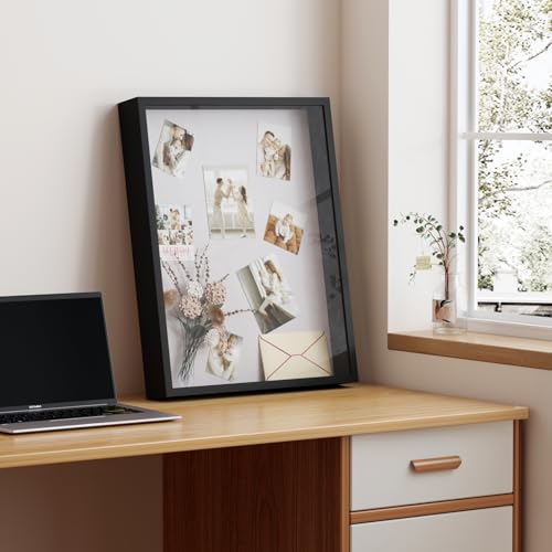 Image of Muzilife 16x20 Shadow Box Frame in Black with MDF Wood Frame and Soft Linen Back, Large Shadow Box Display Case for Memorabilia, Photos, Flowers for Wall or Tabletop Display with 8 pins