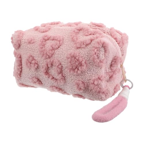 Yardwe Neceser de Maquillaje para Mujer Grande de Peluche Cierre de Cremallera Bolsa de Viaje Rosa Estampado de Corazones Organizador Acolchado y Portátil para Cosméticos y Cuidado