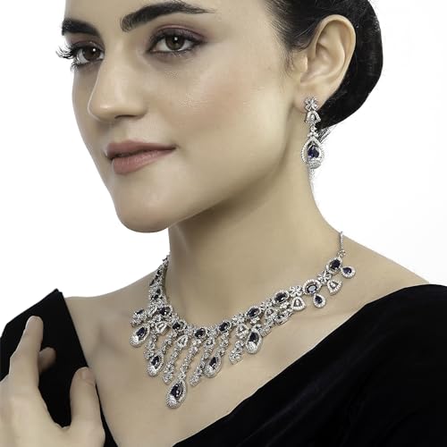 Image of ZENEME Rhodium-Plated Silver-Toned Emerald-Cut American Diamond Floral Link Necklace Set with Pear Drop Earrings for Women & Girls