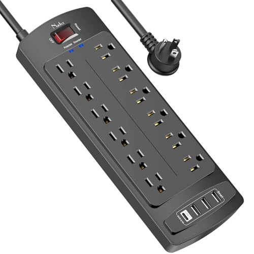 Surge Protector Power Strip, Nuetsa 12 Outlets and 4 USB Ports, 6 Feet Extension Cord for Home, Office, Dorm Essentials, 2700 Joules, ETL Listed, Black