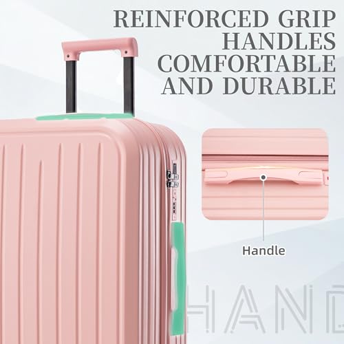 20"/24"/28" Pink Luggage Sets 3 Piece with Spinner Wheel, ABS Simple Luggage for Women, Hardside Suitcases with Cup Holder and USB Port for Outdoor Travel, Back to School (Pink)4