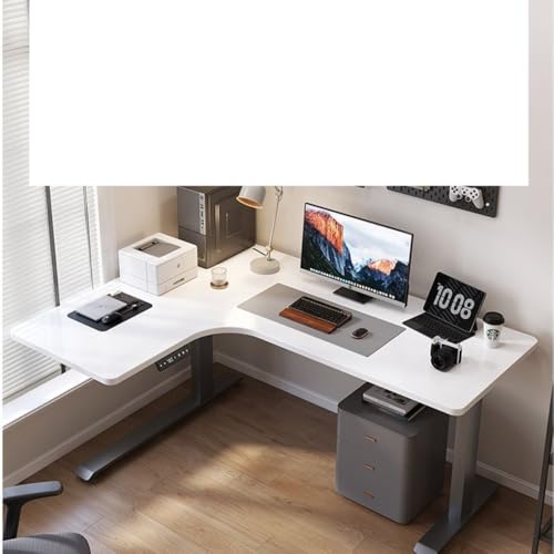 Emidor 電動スタンディングデスク、パソコンデスク、L字型、高さ調節可能、(電源コンセント付き)、モニタースタンド付きコーナーゲーミングテーブル、アンティークホワイト(デュアルモーター、1.6 x 1.1 m) (左です,C)