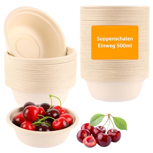 CYEER 150 Stück Einweg Suppenschalen 500ml, Suppenschalen Einweg, Suppenschüssel, Suppenteller Einwegschüsseln Biologisch Abbaubar Einwegschalen, Pappschalen für Party Hochzeit Picknick