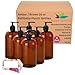 BAIRE BOTTLES -16 OZ BROWN AMBER PLASTIC REFILLABLE BOTTLES with BLACK PUMPS - ORGANIZE Soap, Shampoo and Lotion with a Clean, Classy Look - PET, Lightweight, BPA Free - 6 Pack, BONUS 6 FLORAL LABELS