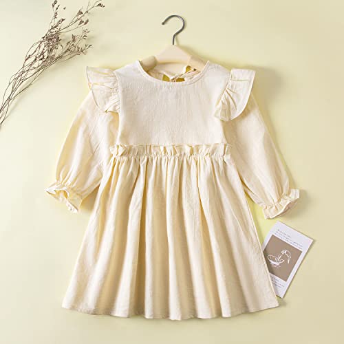 Goodplayer Toddler Girl Cotton Linen Dress Long Sleeve Ruffle Fall Dress Kids Solid Dresses Casual Clothes （12-24 Monthes,Beige Dresses #TOP1