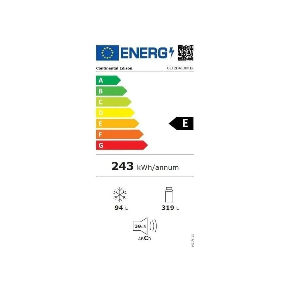 Réfrigérateur congélateur haut - CONTINENTAL EDISON - 413L - Total No Frost(Sans givre) - inox - L70 cm x H 178 cm