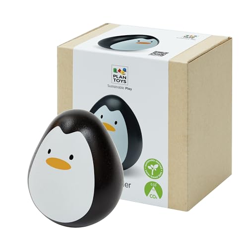 Image of PlanToys® Penguin Wobbler Montessori Wooden Baby Sensory Toy for Tummy Time | Cause & Effect Developmental Toy for Babies 6+ Months