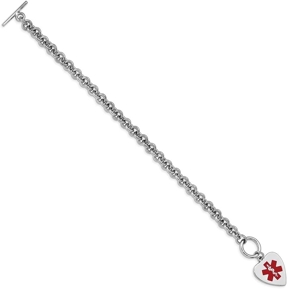 Polished Engravable Personalized Custom 925 Sterling Silver RH-pltd Enamel Heart Medical ID Bracelet For Men or Women Length 8.75 inches Width 18 mm