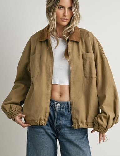 Women’s Barn Jacket Corduroy Collar Zipper Utility Jacket Cinchable Hem Workwear Jacket with Pockets2