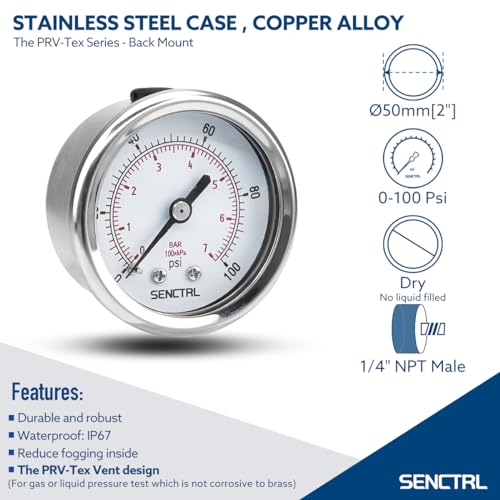 Image of SENCTRL 0-100 Psi Pressure Gauge, 2 inch Dial Size, 1 /4 NPT Back Mount, Waterproof, Stainless Steel Case, for Water Filter Well Pump Air Tire Low Pressure Test