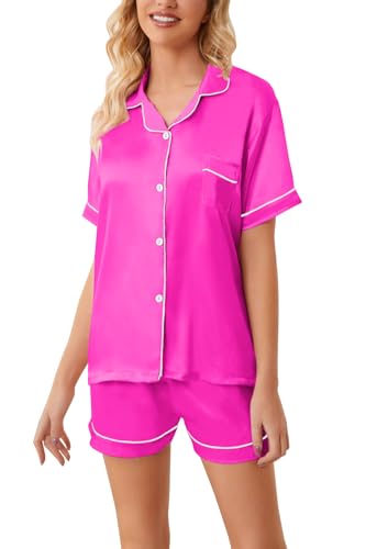 Image of Schbbbta Girls Womens Pajamas, Satin Silky Pjs Set Kids 2Pcs Button-Down Nightwear Sleepwear Gift for Mommy and me