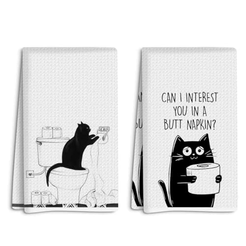 2 Pcs Funny Cat Bathroom Kitchen Towels, Black Cats Lover Gifts for Women, Absorbent Decorative Waffle Weave Bath Towel Kitchen Dish Guest Towels, Gifts for Men Friend Coworker Sisters Cat Lovers