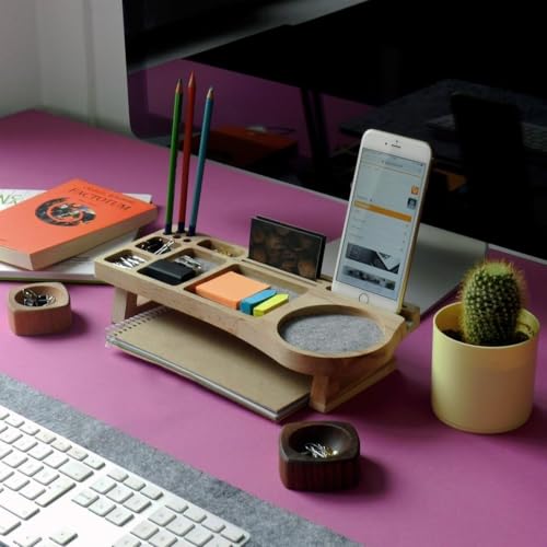 Image of Wooden Desk Organizer with Phone Stand, Multi-Compartment Stationery Holder, Natural Wood Finish (STYLE-1)