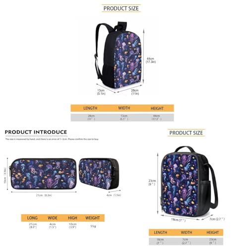 Purple Jellyfish Sea Fish Kids Backpack Set with Lunch Box and Pencil Case 3 Piece School Book Bags3