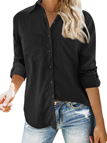 Feziakuk Leinenhemd Damen Knopfleiste Leinenbluse Baumwolle Oberteile Langarm Revers Bluse Einfarbig Tops mit Brusttasche, Schwarz L Feziakuk Leinenhemd Damen Knopfleiste Leinenbluse Baumwolle Oberteile Langarm Revers Bluse Einfarbig Tops mit Brusttasche, Schwarz L