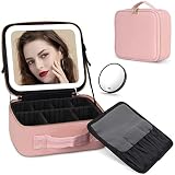 Jadazror Makeup Bag with Mirror and Lights 3 Color Settings Makeup Train Case with Adjustable Divide