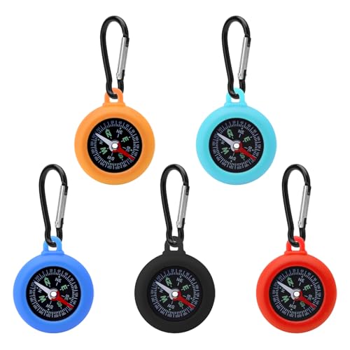 5 portachiavi bussola per bambini, bussola all'aperto, con moschettone, a prova di vuoto, quadrante elastico per navigazione precisa, campeggio, attrezzatura da trekking, regalo per bambini