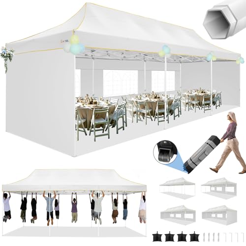 Image of HOTEEL Tents for Parties 10x30 Heavy Duty Pop Up Canopy Tent with 5 Sidewalls&Wheeled Bag, Commercial Event Party Tent Wedding Instant Canopy Waterproof, UV 50+, Upgraded Thicked Hexagonal Legs, White