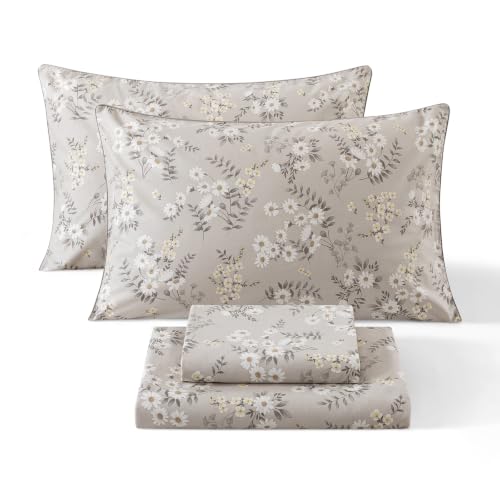 Image of Gray-Beige Floral Percale Sheets California King Deep Pocket, 4Pcs