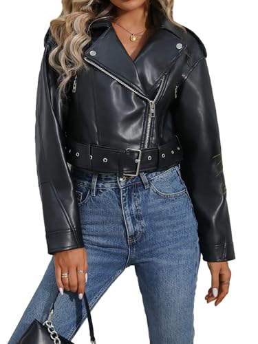 LY VAREY LIN Women Faux Leather Cropped Jacket Vegan Motor Biker Coat with Belt