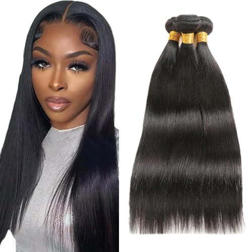 AuokMar #1B Natural Black Cabello Humano Cabello Recto Extensiones de Pelo Humano Premium sin procesar Doble Mancha Brasileña Remy Hair Extensiones para Mujer 3 paquetes Total 150 g 40 42 40 cm