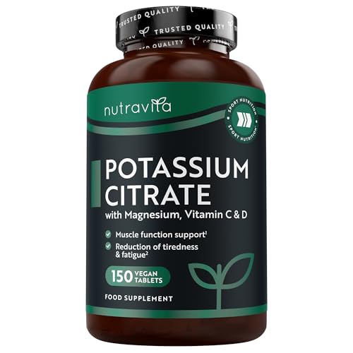 Nutravita Citrato de Potasio y Magnesio 525 mg con vitaminas C, D - 150 comprimidos veganos - Suplemento de potasio - Potassium en dosis altas - Equilibrio electrolítico y función muscular normal