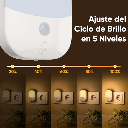 2 Piezas Luz Nocturnas infantil con Enchufe, Sensor de Luz Inteligente Crepuscular, 5 Brillos Regulables, 3 Modos, Blanca Cálida Noche para Habitación Bebé, Escalera, Cocina, 0,3W Sin Control Remoto - Imagen 5