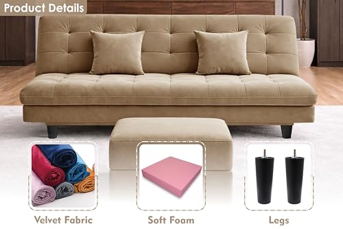 Image of Rosebell Modern Three-Seater Sofa Cum Bed - Foldable Velevt Fabric Sofa, Foam Seating, Stylish Design for Living Room, Guest Room & Office-Golden