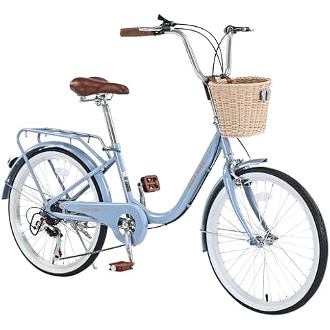 BALINGE 22 Inch Kids Bike City Cruiser Bike for Student/Girls，7 Speeds Hybrid Bike with Basket/Rear Rack/Dual Brake for 7+ Junior/Kids/Youth,Light Blue Cover