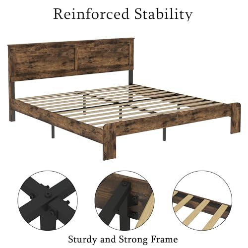 Image of Bellemave Rustic Vintage King Size Bed Frame with Headboard,Wooden Platform Bed Frame King Size with Wood Slats,Easy Assembly,Dark Brown