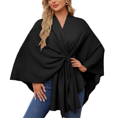 Consolidateh Sweater, 2026 New Elegant Shawl Wraps Soft Open Front Poncho Sweater(Black)