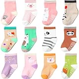 Aroveea Calcetines antideslizantes para bebé, paquete de 12 unidades, para niños y niñas, calcetines de algodón para bebés, Cute3, 6 Months-12 Months