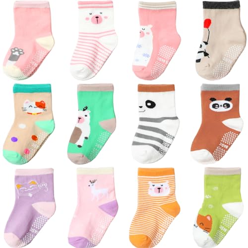 Image of Aroveea Non Slip Grip Ankle Baby Socks 12 Pack for Toddler Boys and Girls Kids,Infant Cute Cotton Baby Socks