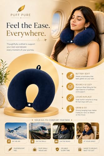 Image of Ultra Soft Premium Travel Neck Pillow with Hanging Loop Snap Button Closure for Home Office and Airplane Flight, Bus, Car, Train Travelling Use [Black] (Pack of 1)