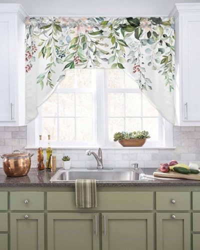 Watercolor Spring Floral Swag Valances for Kitchen Window, Eucalyptus Leaves Flowers Small Swag...