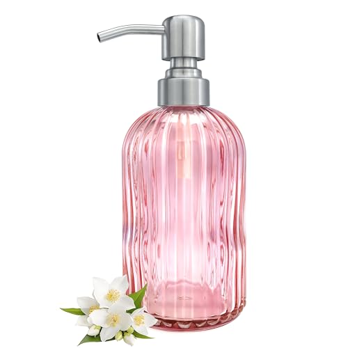 Image of 16 OZ Pink Glass Soap Dispenser Glass Soap Dispenser,Clear Pink Stripe Bathroom Hand Soap Dispensers with Stainless Steel Pump, Pink Kitchen Hand Soap Dispenser with Brushed Nickel Pump