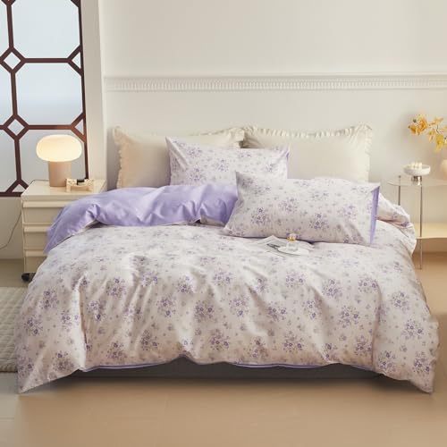 VM VOUGEMARKET Girls Duvet Cover with Purple Flower 100% Cotton Elegant Lavender Floral Bedding Set Queen Cottagecore Comforter Cover Set