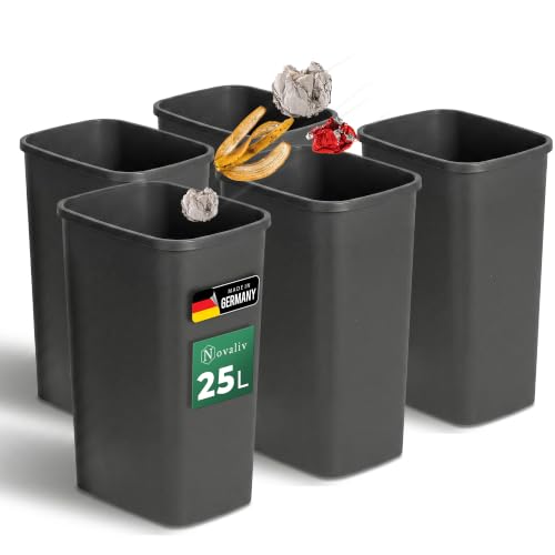 Novaliv Lot économique de 5 poubelles de 25 l sans couvercle anthracite, corbeille à papier ouverte pour cuisine, maison, bureau, commerce, poubelle en plastique, rectangulaire, fabriquée en Allemagne
